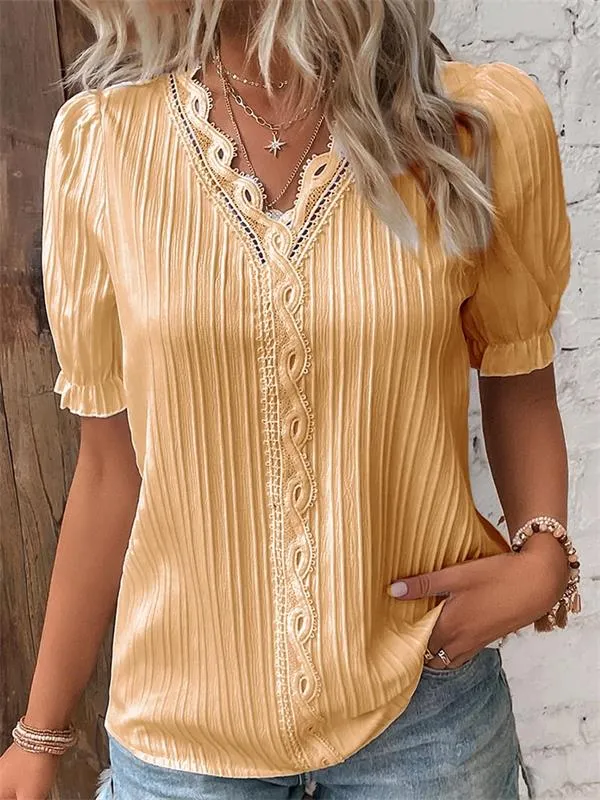 V-Neck Plain Lace Elegant Shirt