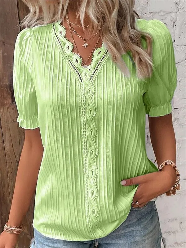 V-Neck Plain Lace Elegant Shirt