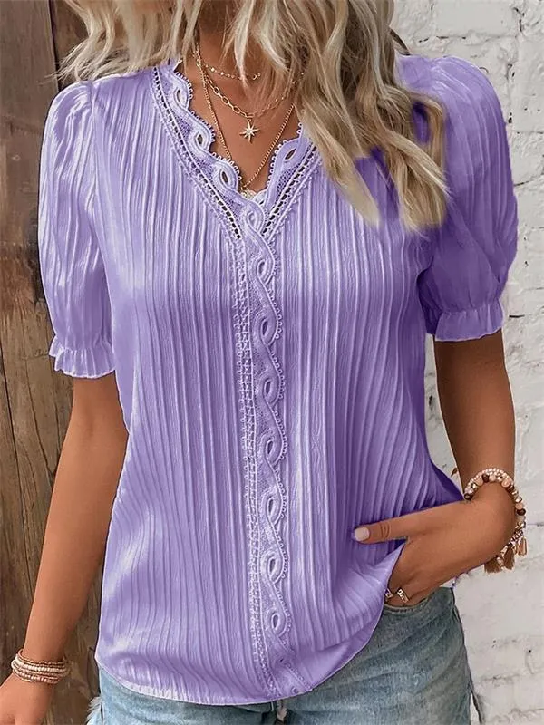 V-Neck Plain Lace Elegant Shirt