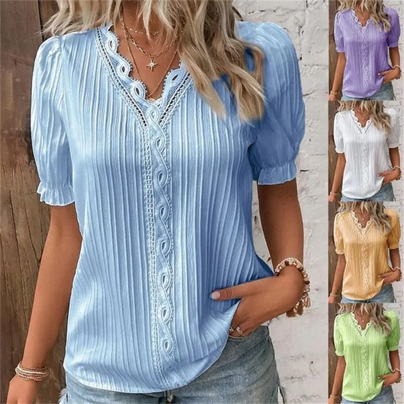 V-Neck Plain Lace Elegant Shirt