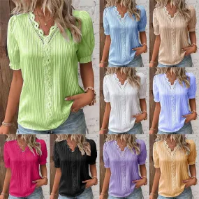 V-Neck Plain Lace Elegant Shirt