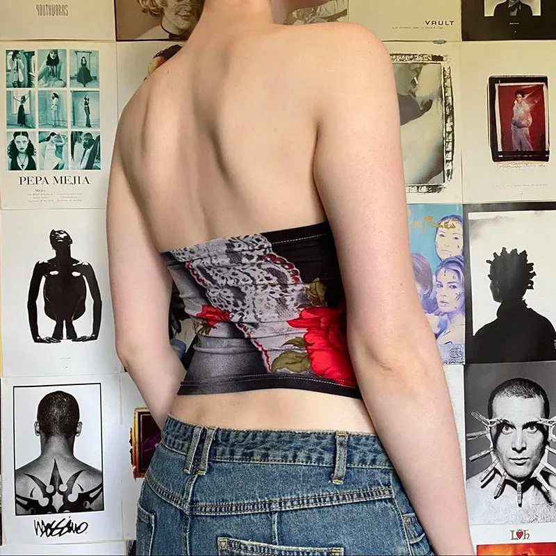 Vintage Rose Print Halter Backless Y2K Cropped Top