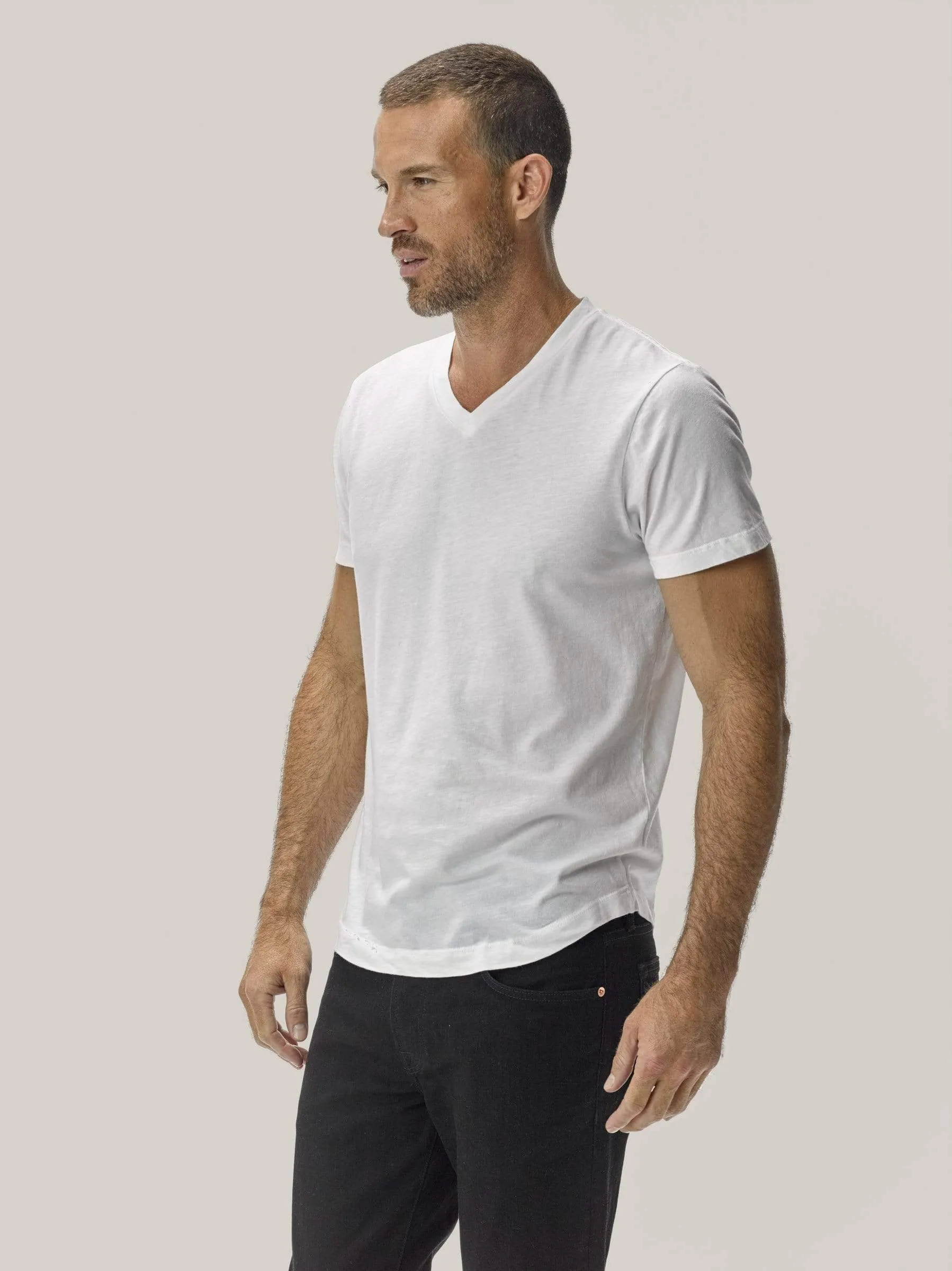 White Slub Curved Hem V-Neck