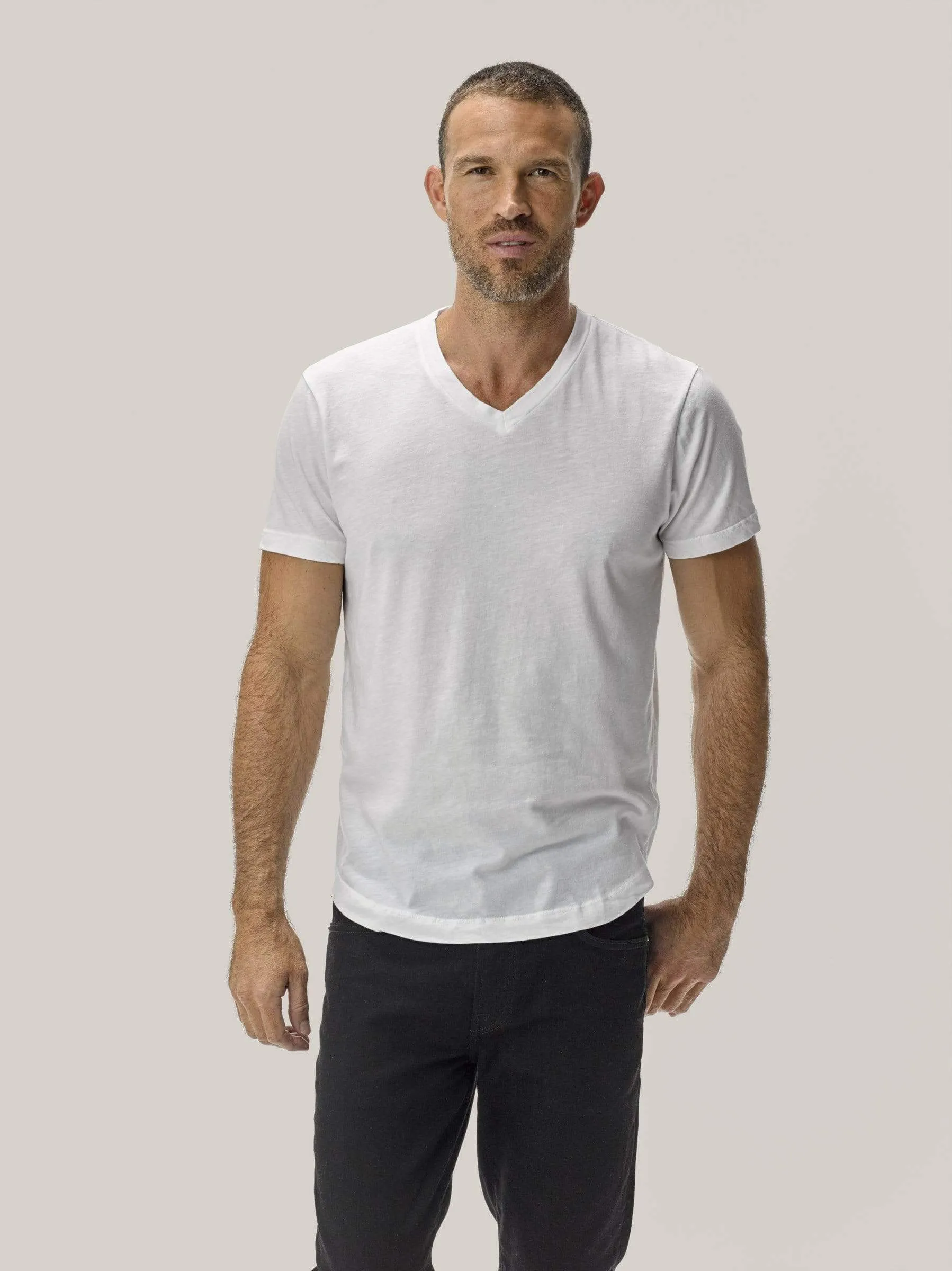 White Slub Curved Hem V-Neck