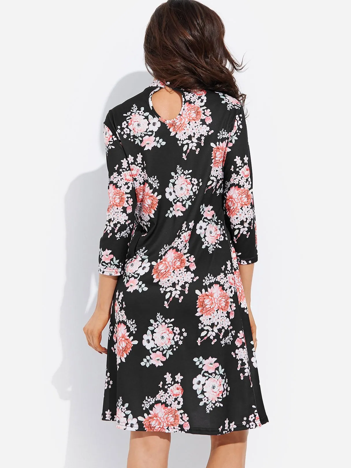 Wholesale Black Crew Neck 3/4 Length Sleeve Floral Print Crossed Front Cut Out Dresses