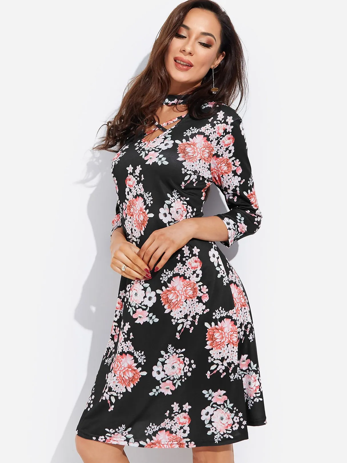 Wholesale Black Crew Neck 3/4 Length Sleeve Floral Print Crossed Front Cut Out Dresses