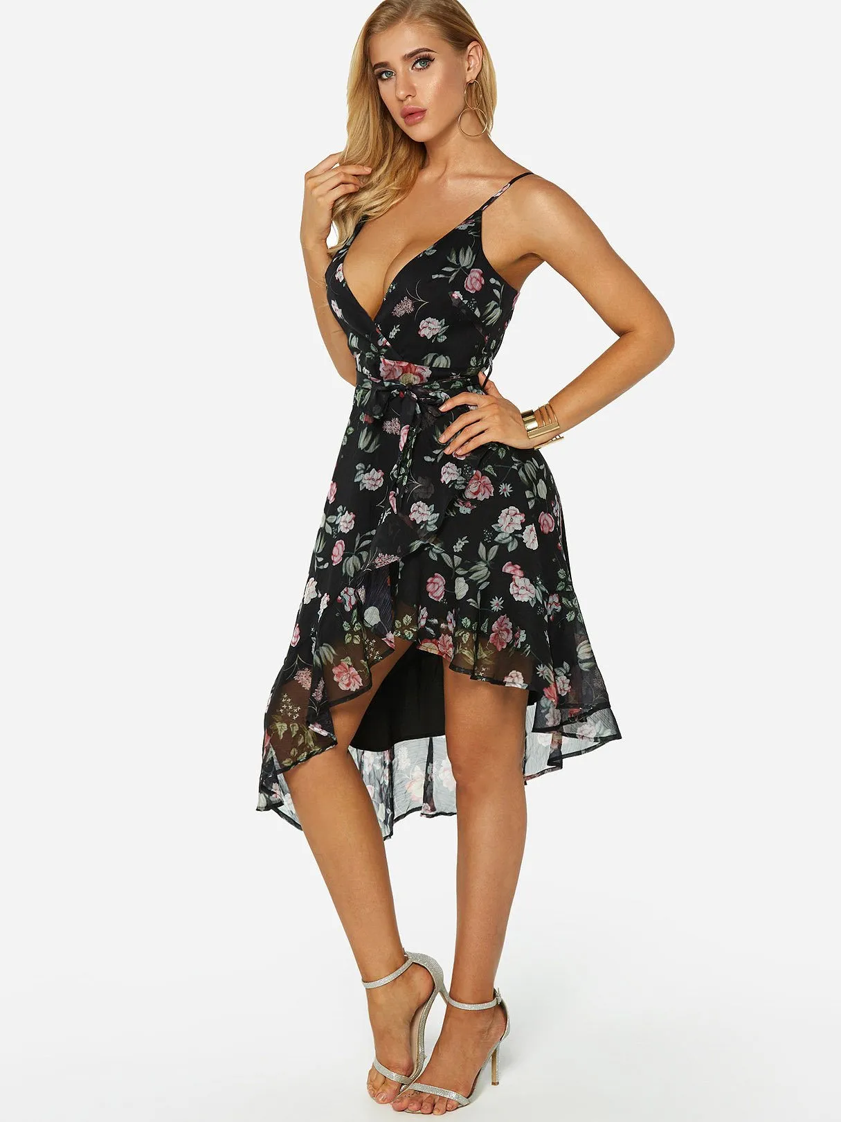 Wholesale Black Deep V Neck Sleeveless Floral Print Tiered Backless Spaghetti Strap Self-Tie Wrap Irregular Hem Dresses