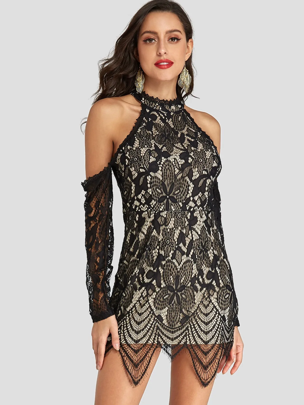 Wholesale Black Halter Long Sleeve Plain Lace Cut Out Dresses