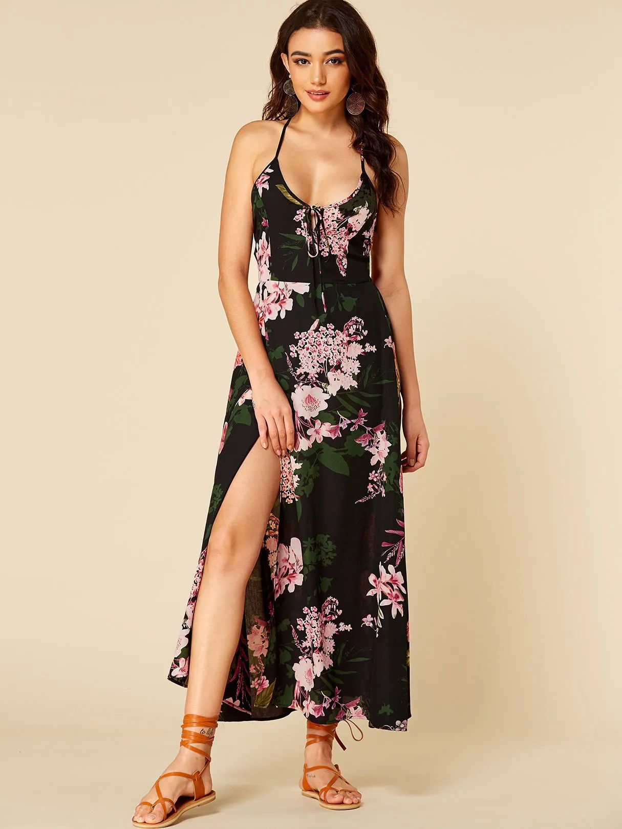 Wholesale Black Scoop Neck Sleeveless Floral Print Backless Lace-Up Spaghetti Strap Slit Hem Dresses