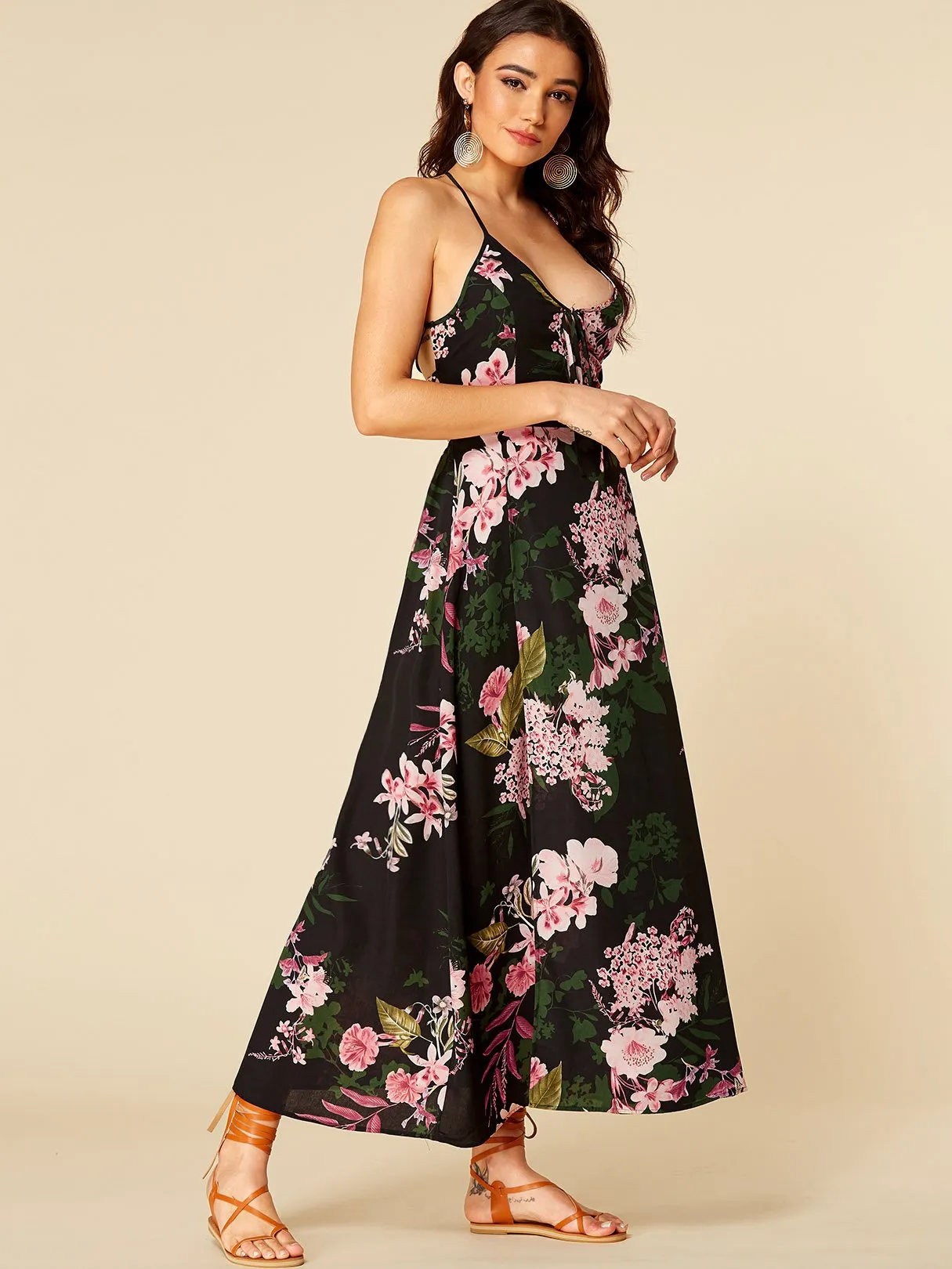 Wholesale Black Scoop Neck Sleeveless Floral Print Backless Lace-Up Spaghetti Strap Slit Hem Dresses