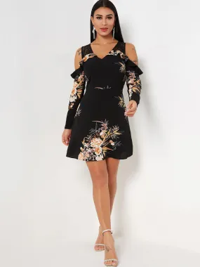 Wholesale Black V-Neck Cold Shoulder Long Sleeve Floral Print Lace See Through Dresses