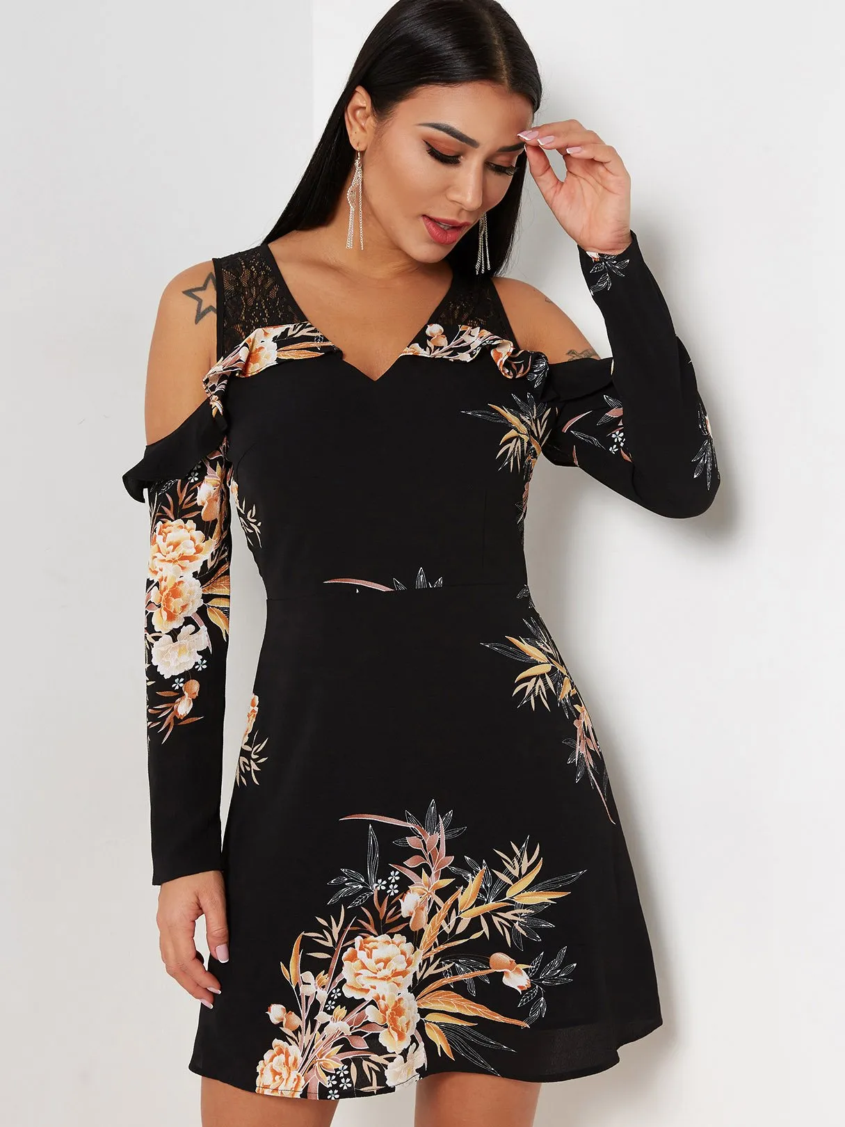 Wholesale Black V-Neck Cold Shoulder Long Sleeve Floral Print Lace See Through Dresses