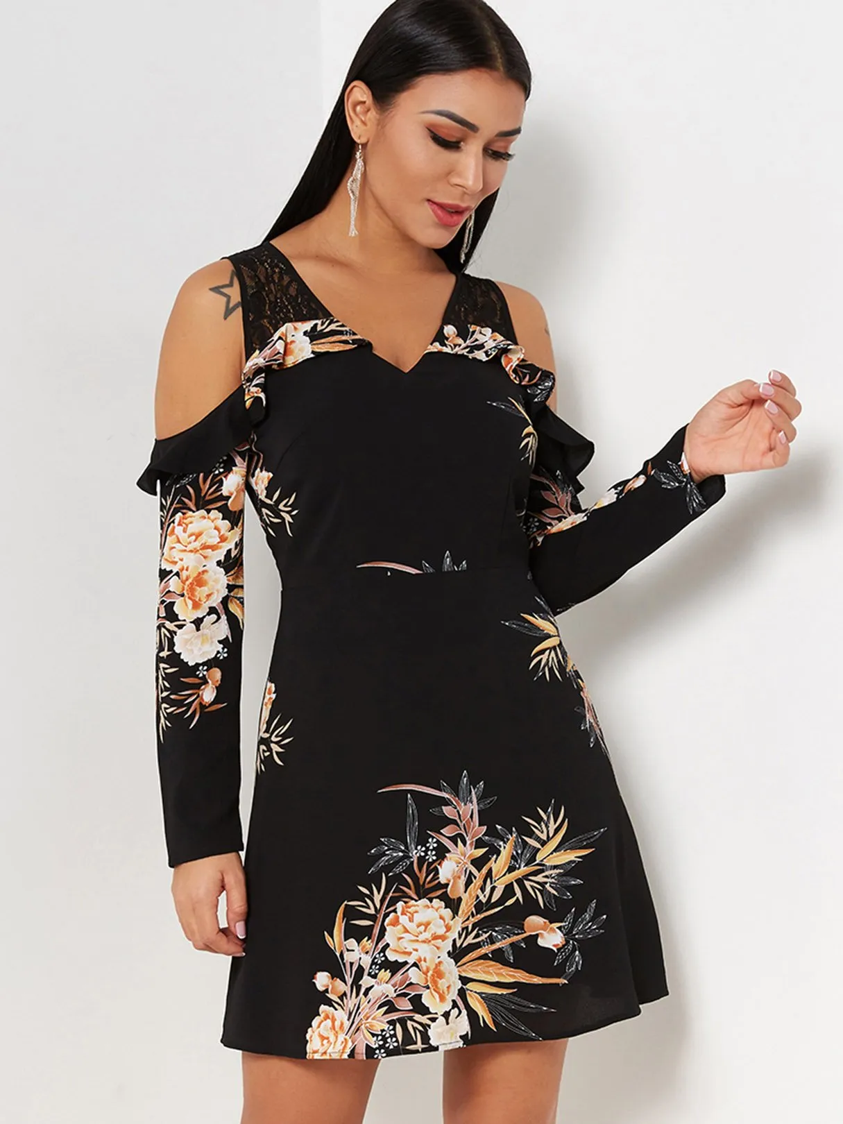 Wholesale Black V-Neck Cold Shoulder Long Sleeve Floral Print Lace See Through Dresses