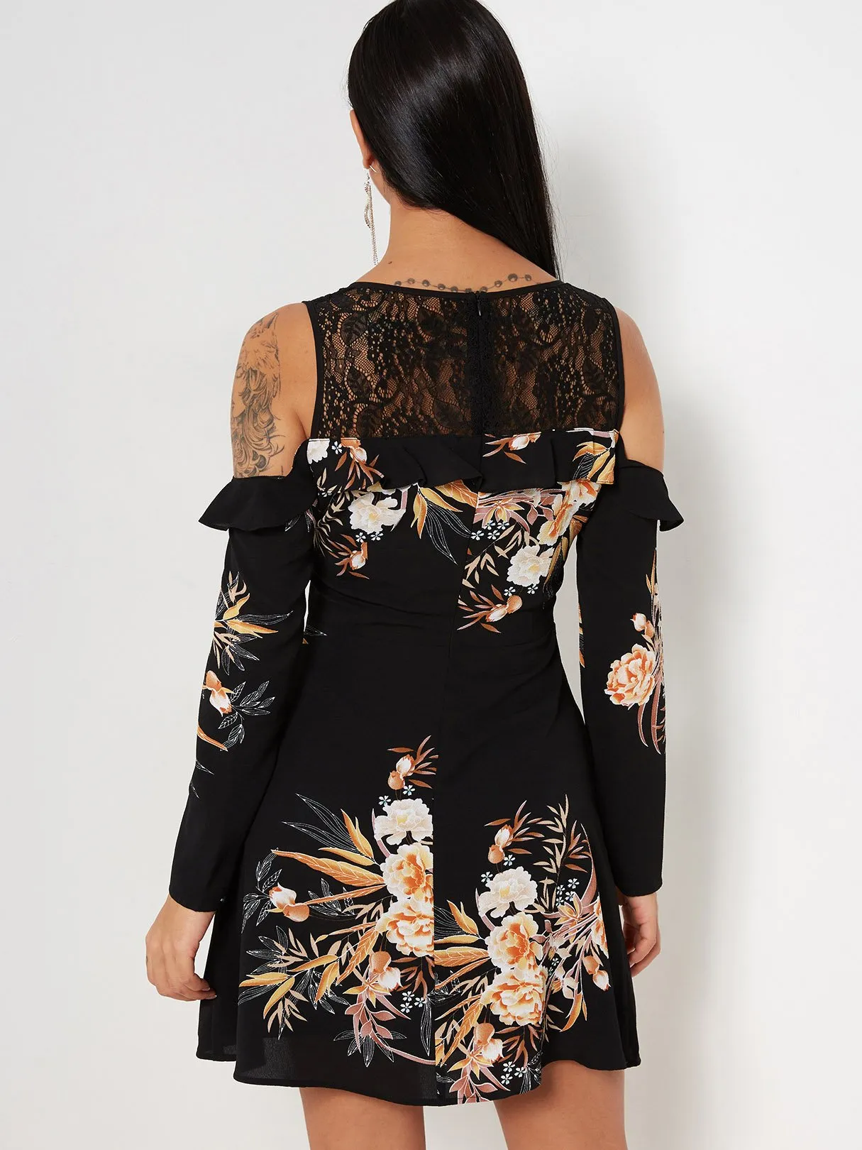 Wholesale Black V-Neck Cold Shoulder Long Sleeve Floral Print Lace See Through Dresses