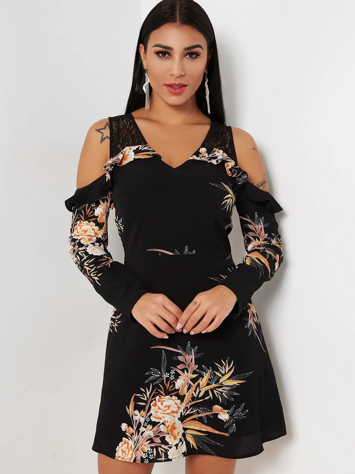 Wholesale Black V-Neck Cold Shoulder Long Sleeve Floral Print Lace See Through Dresses