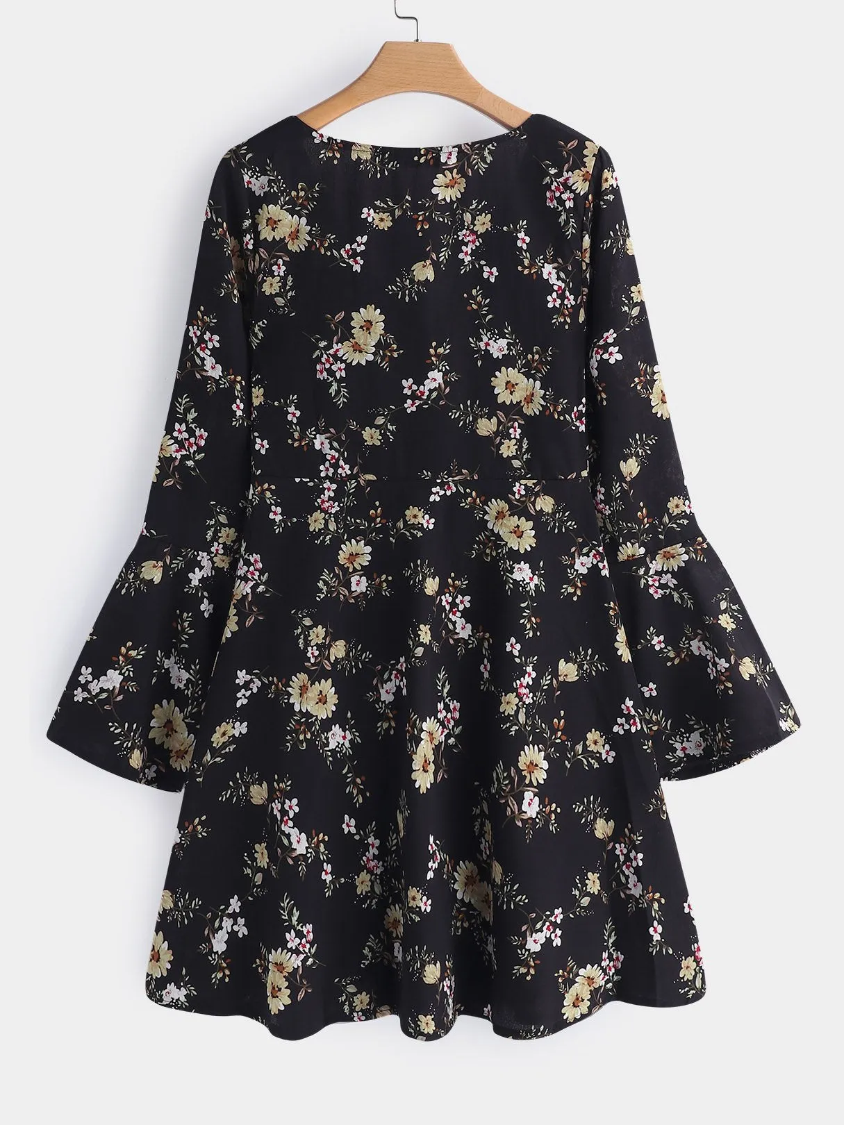 Wholesale Black V-Neck Long Sleeve Floral Print Dress