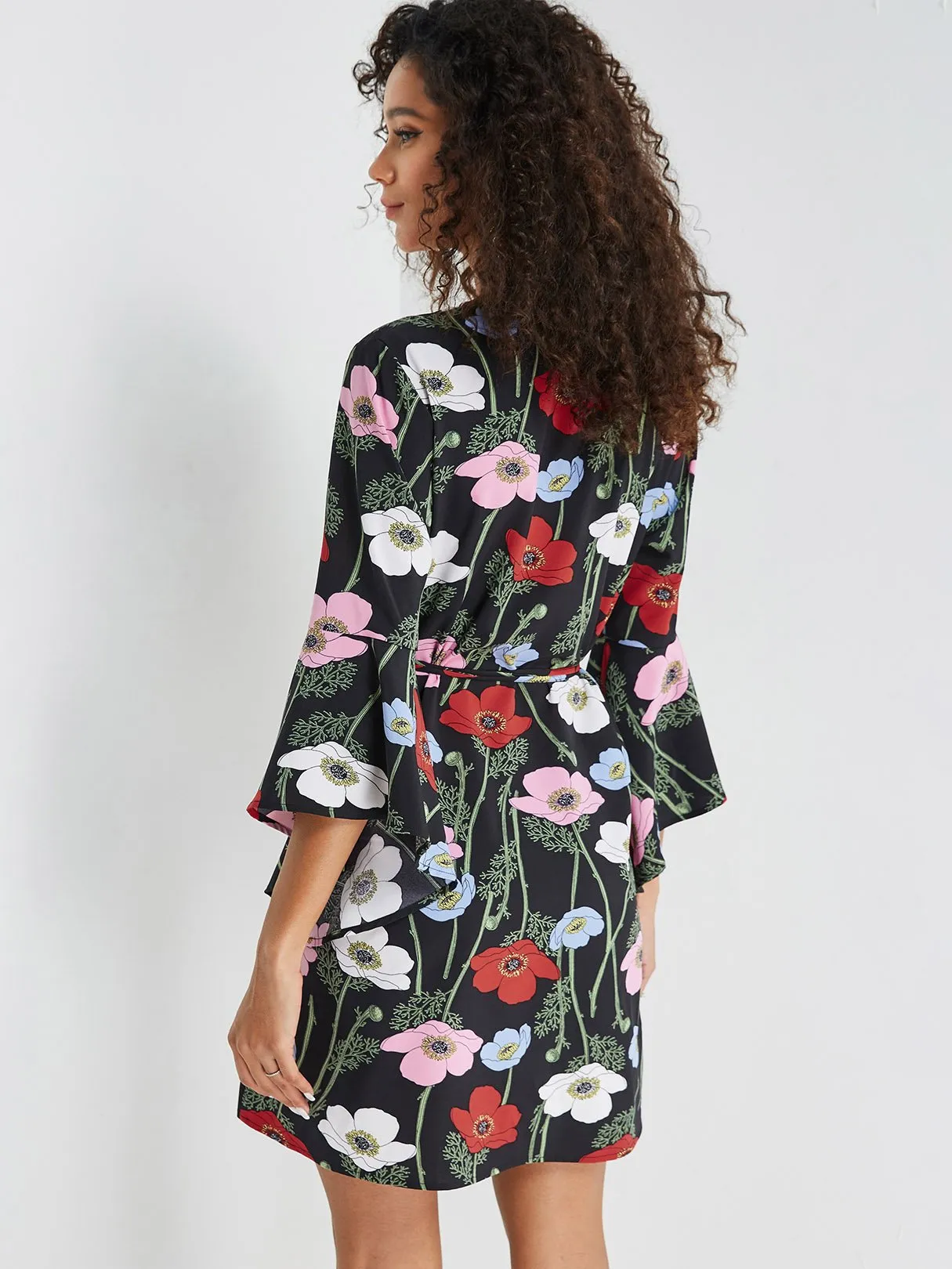 Wholesale Black V-Neck Long Sleeve Floral Print Self-Tie Wrap Dresses