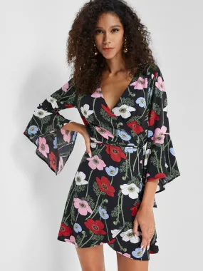 Wholesale Black V-Neck Long Sleeve Floral Print Self-Tie Wrap Dresses