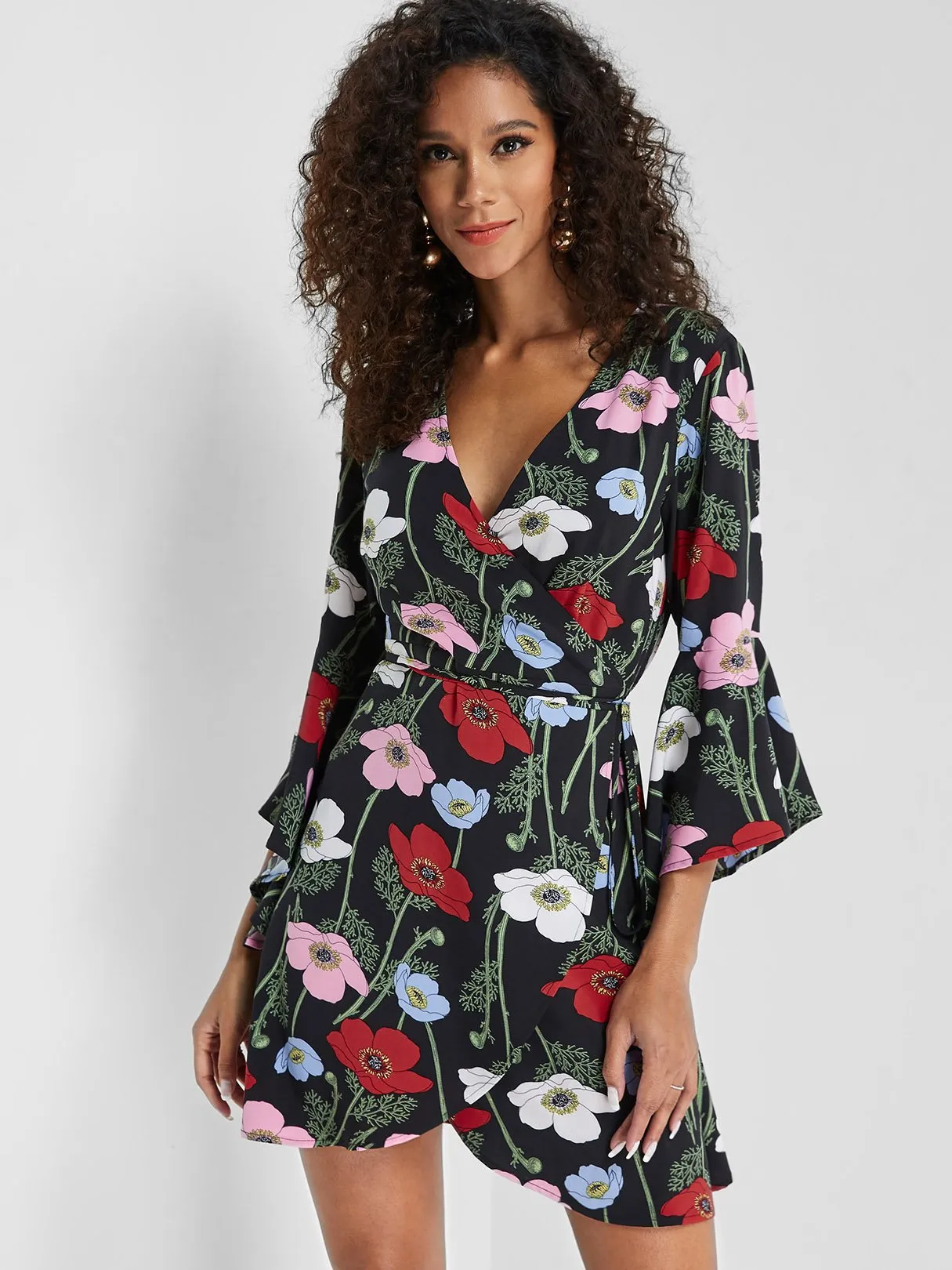 Wholesale Black V-Neck Long Sleeve Floral Print Self-Tie Wrap Dresses