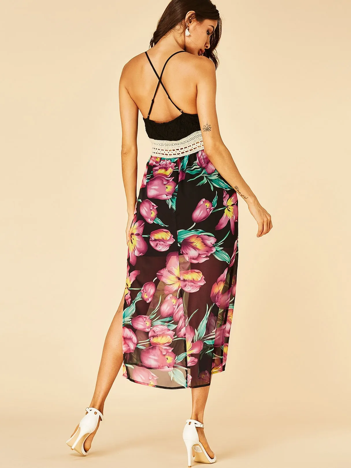 Wholesale Black V-Neck Sleeveless Floral Print Criss-Cross Lace Insert Slit Hem Dresses