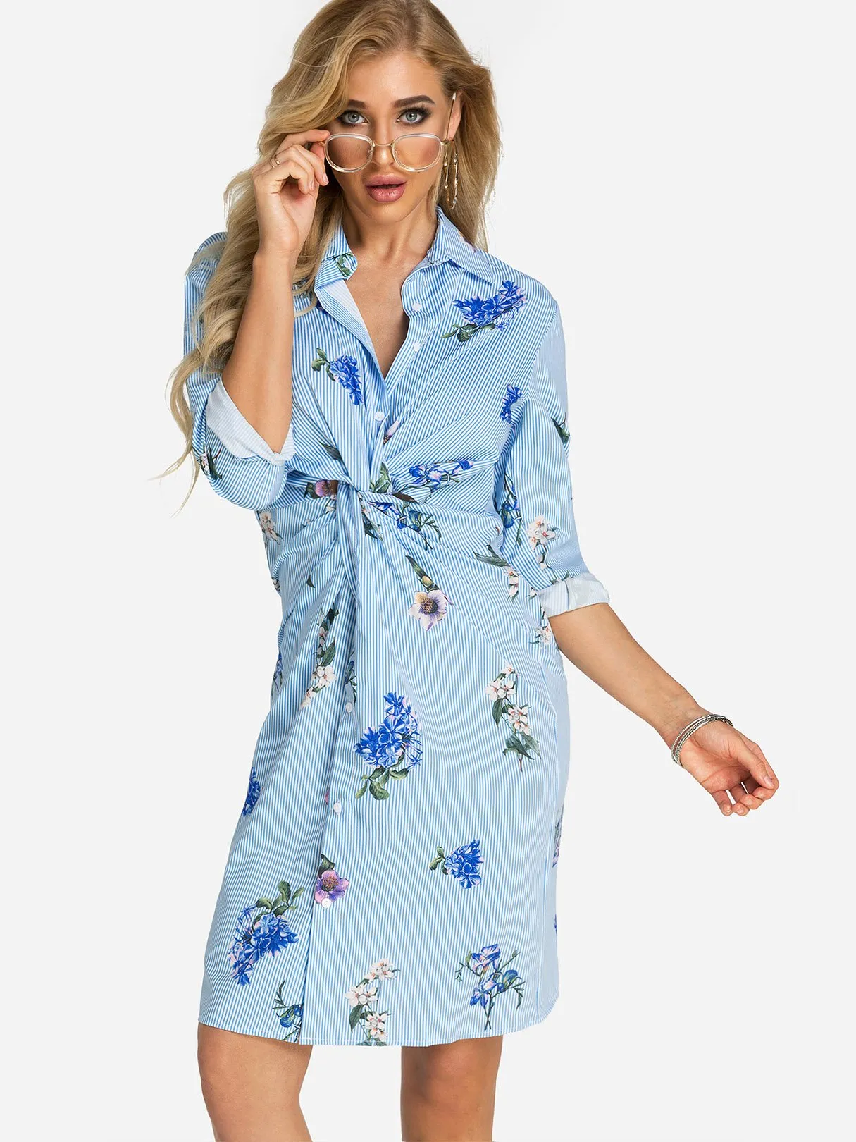 Wholesale Blue Classic Collar Long Sleeve Stripe Floral Print Dress