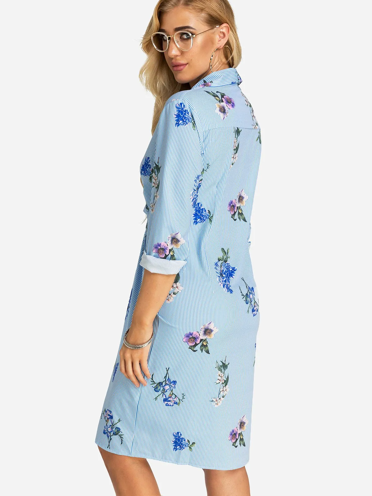 Wholesale Blue Classic Collar Long Sleeve Stripe Floral Print Dress