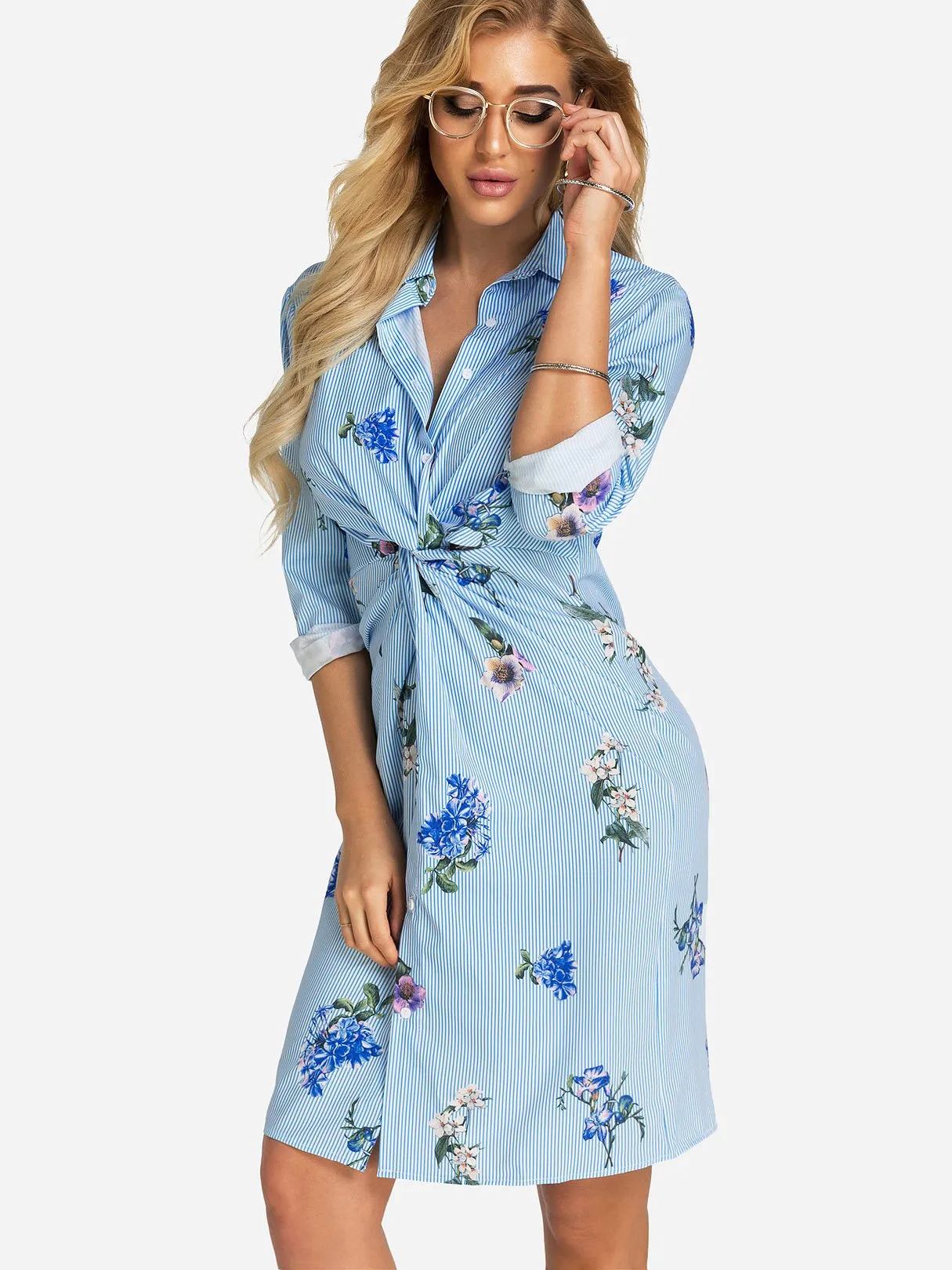 Wholesale Blue Classic Collar Long Sleeve Stripe Floral Print Dress