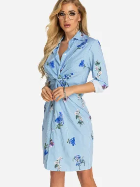 Wholesale Blue Classic Collar Long Sleeve Stripe Floral Print Dress