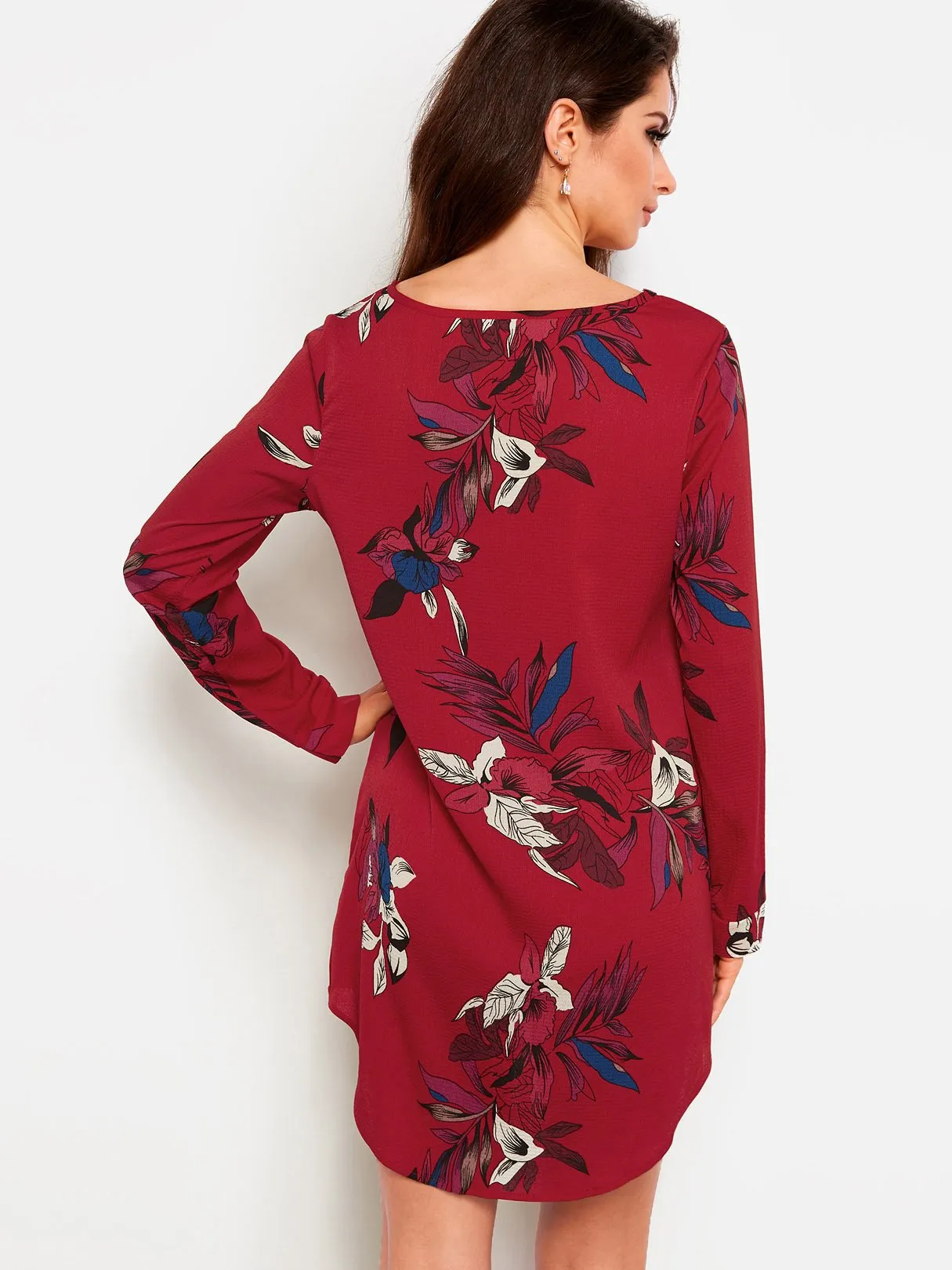 Wholesale Burgundy Round Neck Long Sleeve Floral Print Curved Hem Dresses