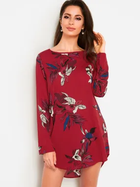 Wholesale Burgundy Round Neck Long Sleeve Floral Print Curved Hem Dresses