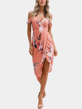 Wholesale Cold Shoulder Deep V Neck Short Sleeve Floral Print Crossed Front Spaghetti Strap Slit Hem Dress