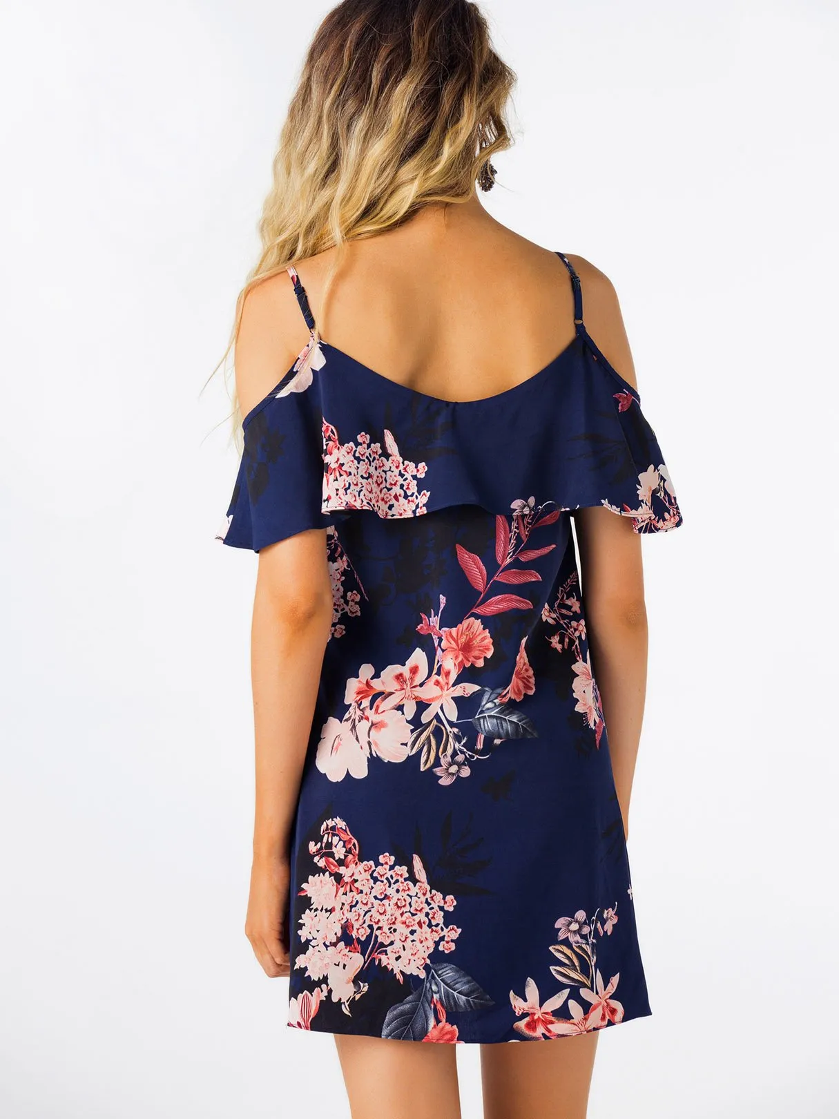 Wholesale Cold Shoulder Sleeveless Floral Print Spaghetti Strap Navy Dresses