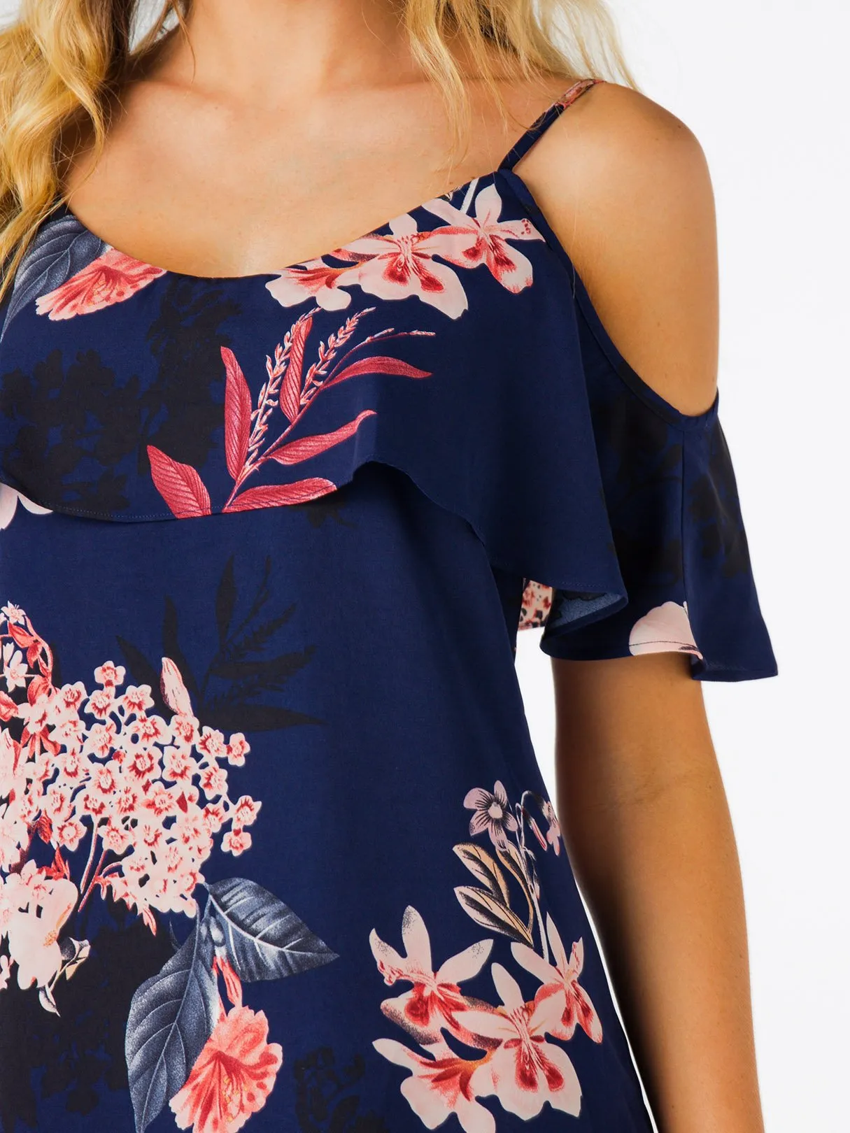 Wholesale Cold Shoulder Sleeveless Floral Print Spaghetti Strap Navy Dresses