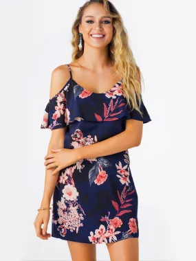 Wholesale Cold Shoulder Sleeveless Floral Print Spaghetti Strap Navy Dresses