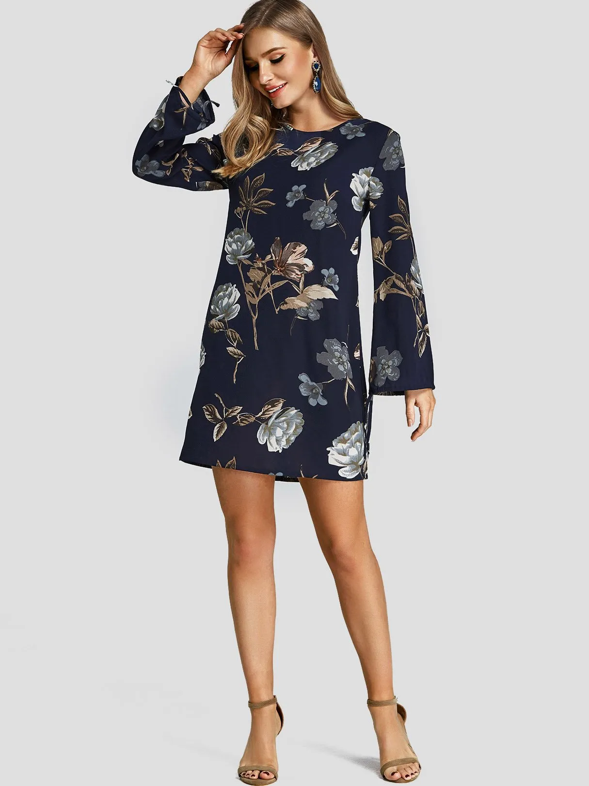 Wholesale Dark Blue Round Neck Long Sleeve Floral Print Dresses