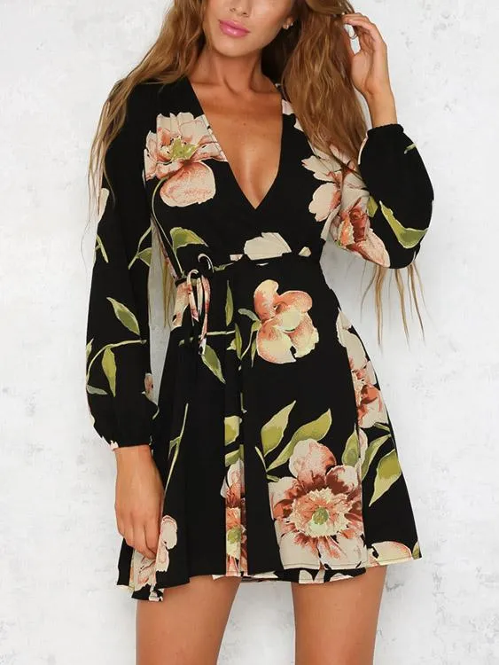 Wholesale Deep V Neck Floral Print Lace-Up Long Sleeve Dresses