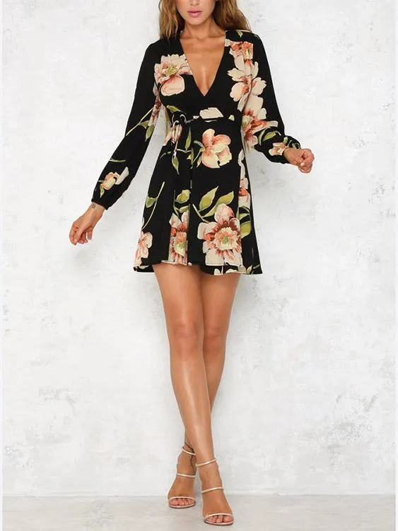 Wholesale Deep V Neck Floral Print Lace-Up Long Sleeve Dresses