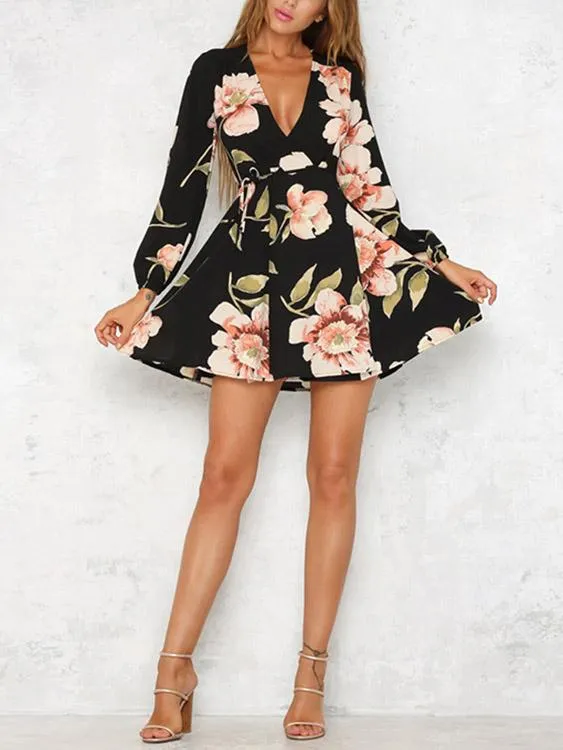 Wholesale Deep V Neck Floral Print Lace-Up Long Sleeve Dresses