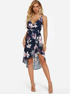 Wholesale Floral Print Wrap Irregular Hem Dresses