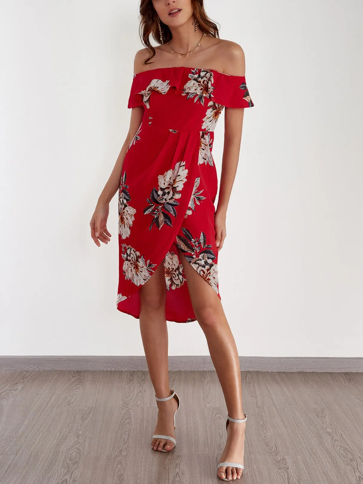 Wholesale Frill Neck Off The Shoulder Floral Print Tiered Short Sleeve Irregular Hem Dresses