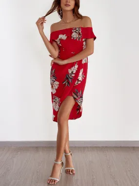 Wholesale Frill Neck Off The Shoulder Floral Print Tiered Short Sleeve Irregular Hem Dresses