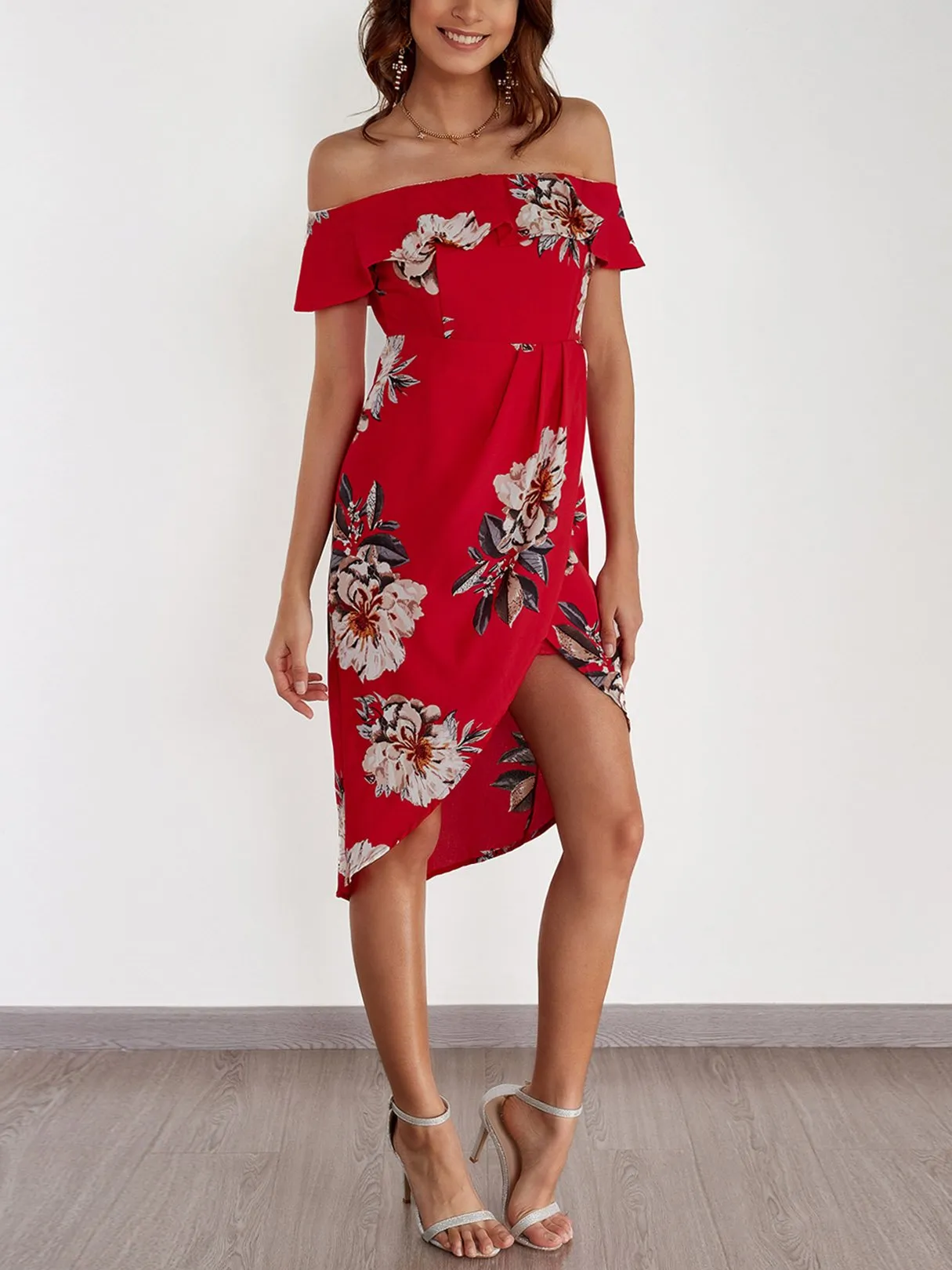 Wholesale Frill Neck Off The Shoulder Floral Print Tiered Short Sleeve Irregular Hem Dresses