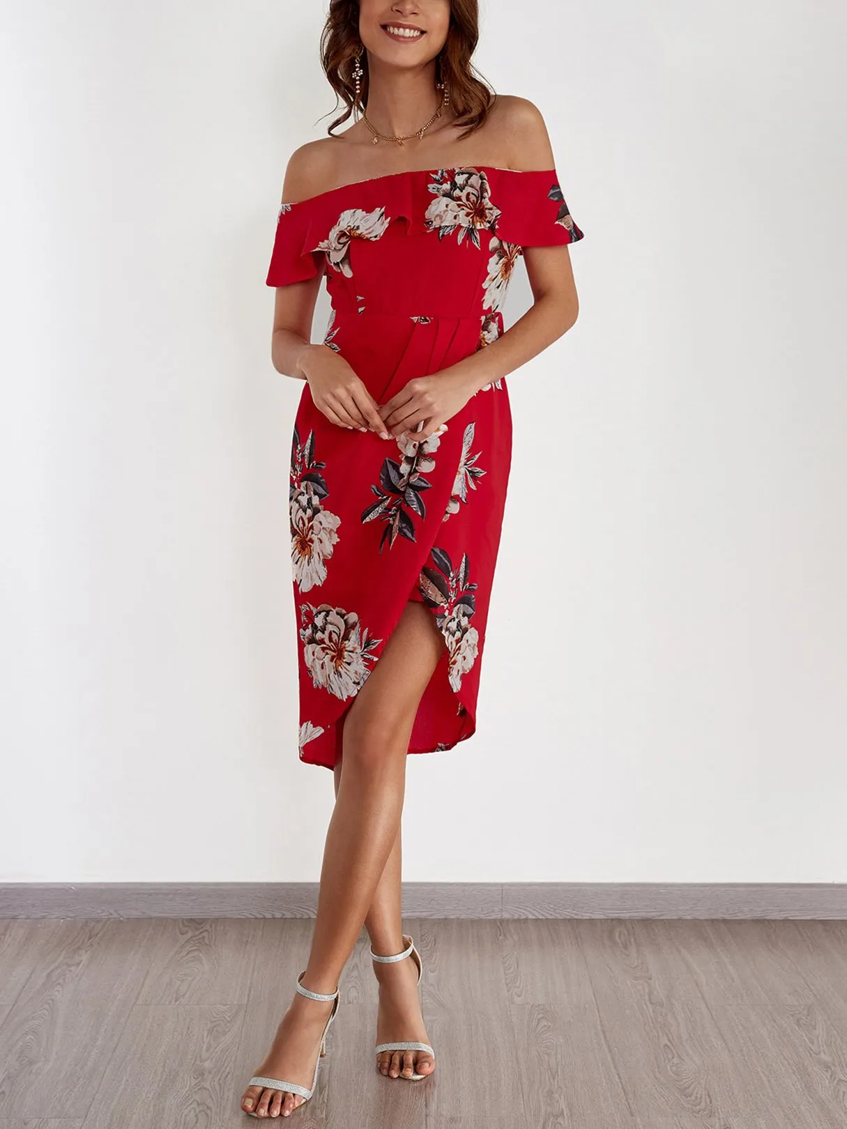 Wholesale Frill Neck Off The Shoulder Floral Print Tiered Short Sleeve Irregular Hem Dresses