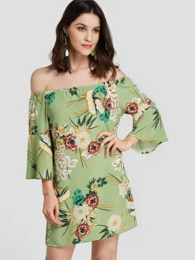 Wholesale Green Off The Shoulder Floral Print Backless Dresses