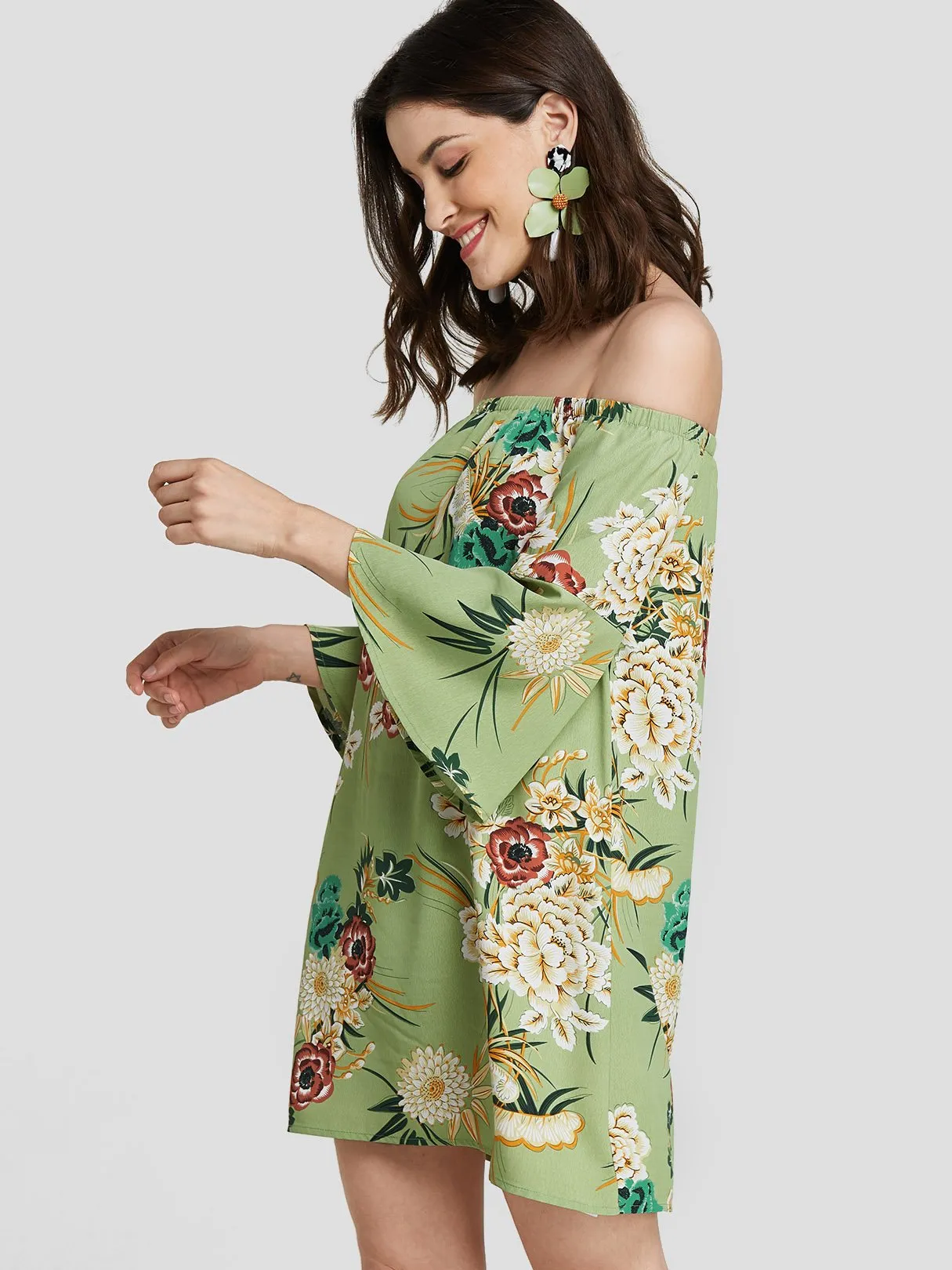 Wholesale Green Off The Shoulder Floral Print Backless Dresses