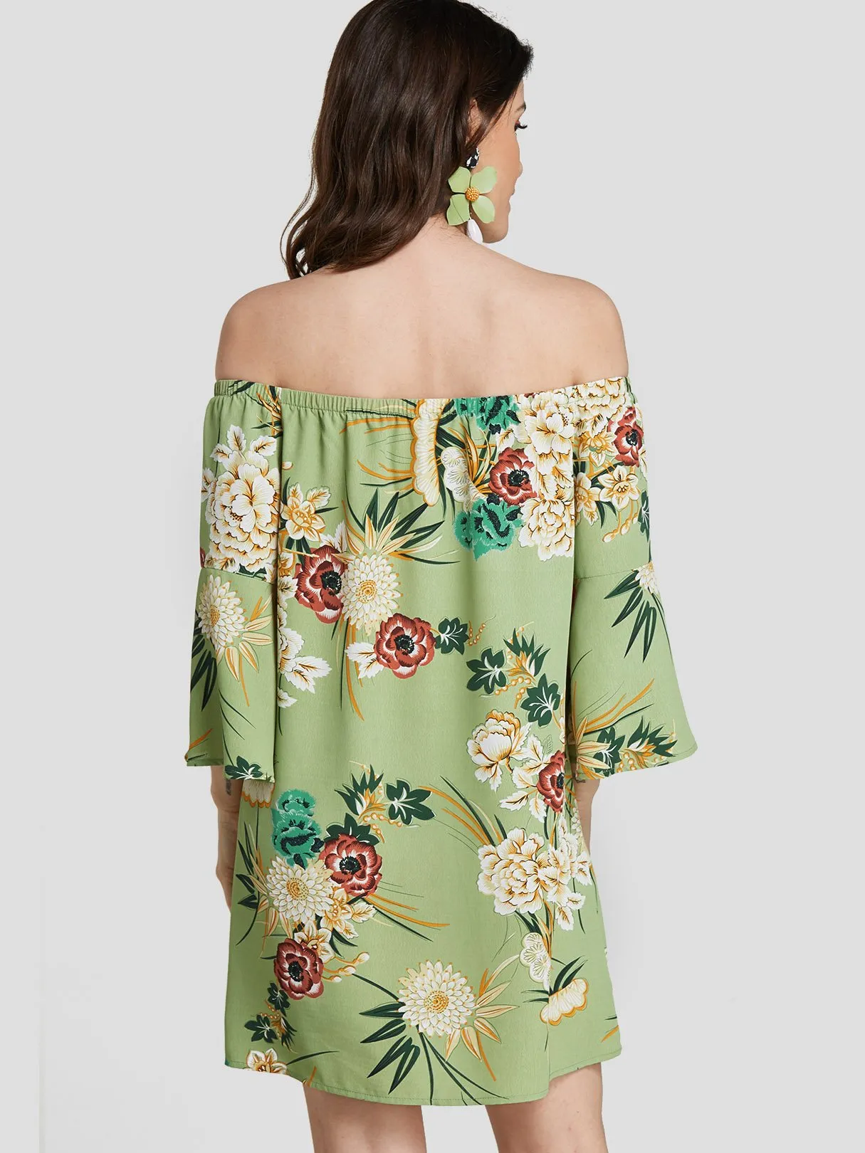 Wholesale Green Off The Shoulder Floral Print Backless Dresses