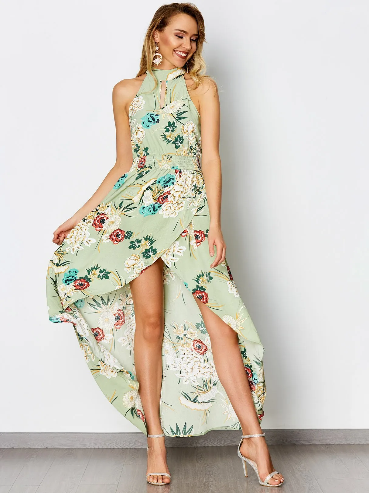 Wholesale Green Sleeveless Floral Print Backless Lace-Up Cut Out Irregular Hem Dresses