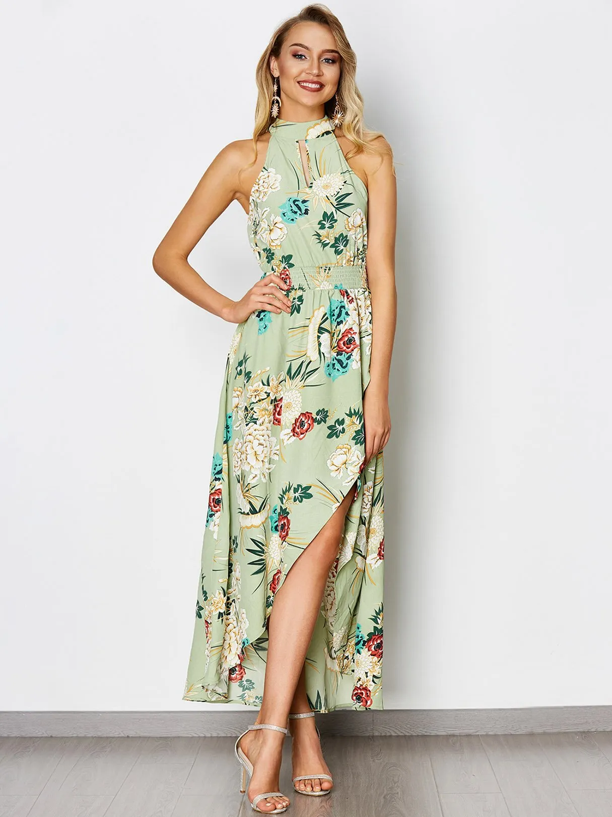 Wholesale Green Sleeveless Floral Print Backless Lace-Up Cut Out Irregular Hem Dresses