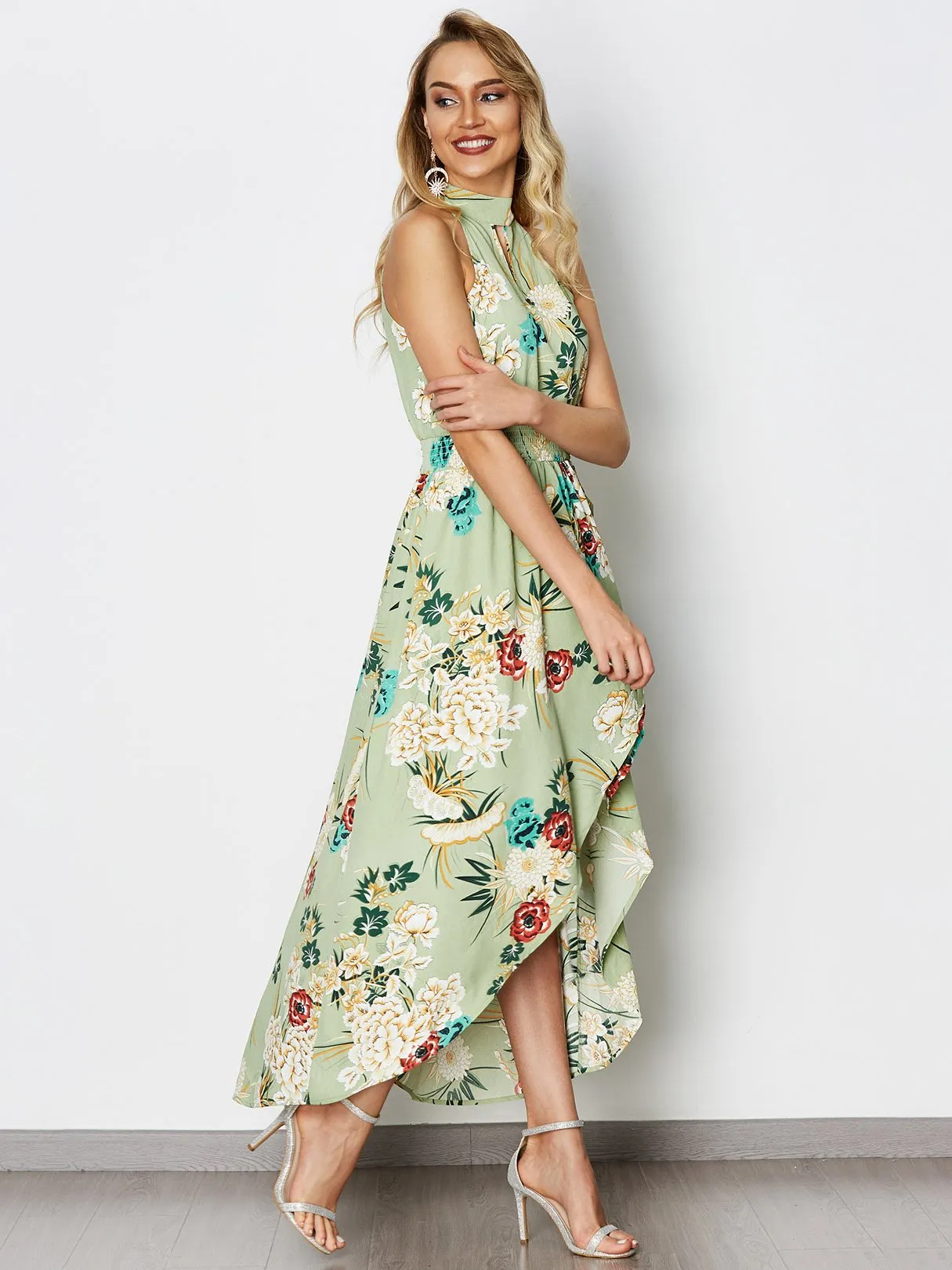 Wholesale Green Sleeveless Floral Print Backless Lace-Up Cut Out Irregular Hem Dresses