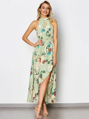 Wholesale Green Sleeveless Floral Print Backless Lace-Up Cut Out Irregular Hem Dresses